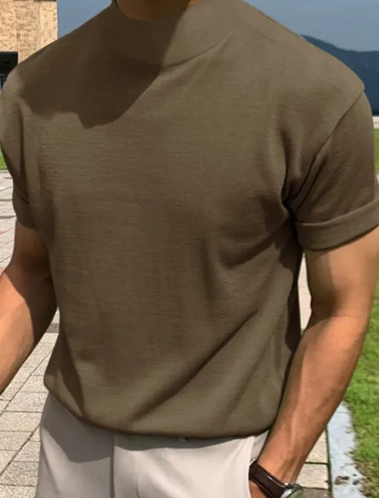 Clearance OUKU Men's T Shirt Tee Top Short Sleeves Turtleneck Summer Plain Fashion Designer Basic Knitting Vacation Street Going out Black White Brown Top Tee for Men