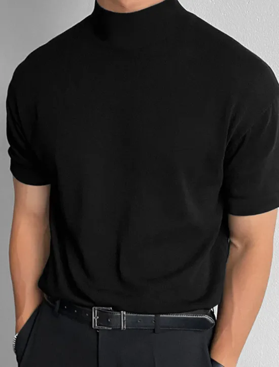 Clearance OUKU Men's T Shirt Tee Top Short Sleeves Turtleneck Summer Plain Fashion Designer Basic Knitting Vacation Street Going out Black White Brown Top Tee for Men