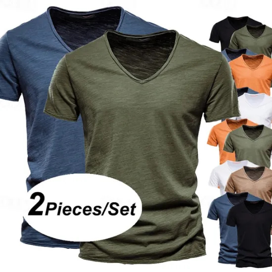 Online OUKU Men's T Shirt Tee Top Short Sleeves V Neck Summer Plain Fashion Designer Basic V Neck Vacation Street Going out White+Black White and Blue Orange / Green Top Tee for Men