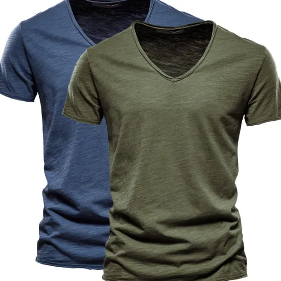 Online OUKU Men's T Shirt Tee Top Short Sleeves V Neck Summer Plain Fashion Designer Basic V Neck Vacation Street Going out White+Black White and Blue Orange / Green Top Tee for Men