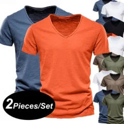 Online OUKU Men's T Shirt Tee Top Short Sleeves V Neck Summer Plain Fashion Designer Basic V Neck Vacation Street Going out White+Black White and Blue Orange / Green Top Tee for Men