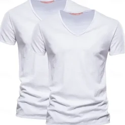 Online OUKU Men's T Shirt Tee Top Short Sleeves V Neck Summer Plain Fashion Designer Basic V Neck Vacation Street Going out White+Black White and Blue Orange / Green Top Tee for Men