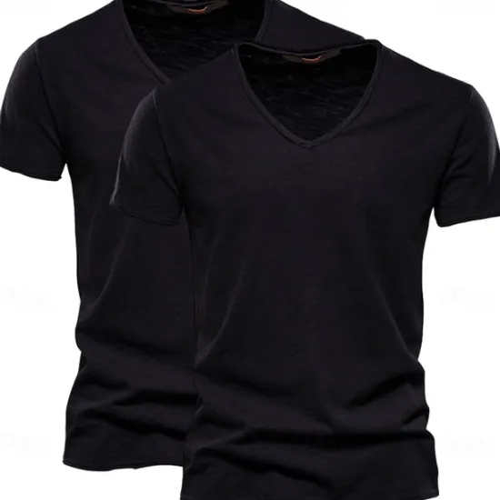 Online OUKU Men's T Shirt Tee Top Short Sleeves V Neck Summer Plain Fashion Designer Basic V Neck Vacation Street Going out White+Black White and Blue Orange / Green Top Tee for Men