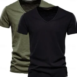 Online OUKU Men's T Shirt Tee Top Short Sleeves V Neck Summer Plain Fashion Designer Basic V Neck Vacation Street Going out White+Black White and Blue Orange / Green Top Tee for Men