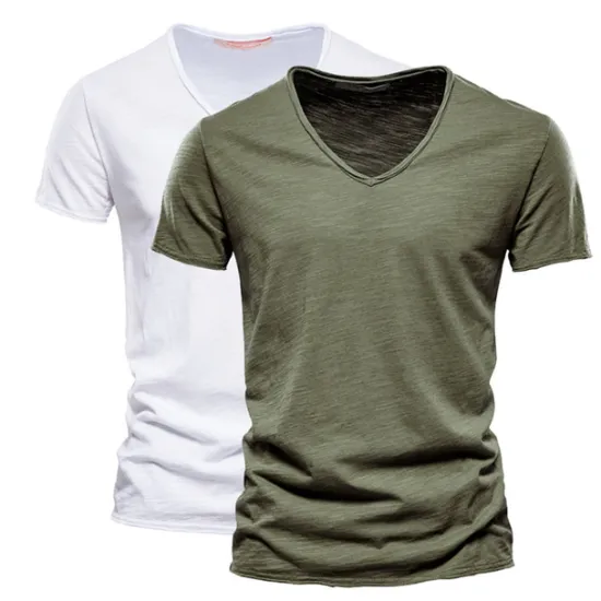 Online OUKU Men's T Shirt Tee Top Short Sleeves V Neck Summer Plain Fashion Designer Basic V Neck Vacation Street Going out White+Black White and Blue Orange / Green Top Tee for Men