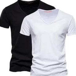 Online OUKU Men's T Shirt Tee Top Short Sleeves V Neck Summer Plain Fashion Designer Basic V Neck Vacation Street Going out White+Black White and Blue Orange / Green Top Tee for Men