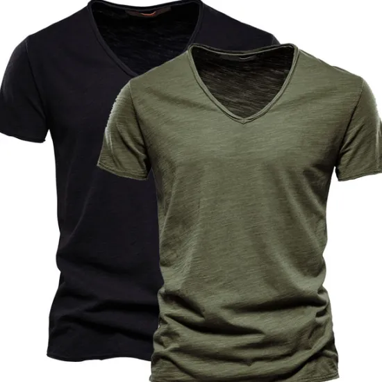 Online OUKU Men's T Shirt Tee Top Short Sleeves V Neck Summer Plain Fashion Designer Basic V Neck Vacation Street Going out White+Black White and Blue Orange / Green Top Tee for Men