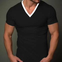 Sale OUKU Men's T Shirt Tee Top Short Sleeves V Neck Summer Plain Fashion Designer Basic Vacation Street Going out Black White Khaki Top Tee for Men
