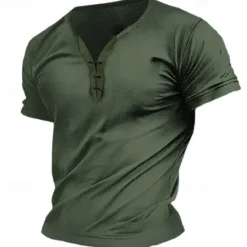 Hot OUKU Men's T Shirt Tee Top Short Sleeve V Neck Spring & Summer Plain Fashion Designer Basic Lace up Vacation Street Going out Army Green Dark Grey Black Top Tee for Men