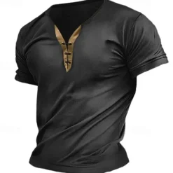 Hot OUKU Men's T Shirt Tee Top Short Sleeve V Neck Spring & Summer Plain Fashion Designer Basic Lace up Vacation Street Going out Army Green Dark Grey Black Top Tee for Men