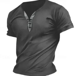 Hot OUKU Men's T Shirt Tee Top Short Sleeve V Neck Spring & Summer Plain Fashion Designer Basic Lace up Vacation Street Going out Army Green Dark Grey Black Top Tee for Men