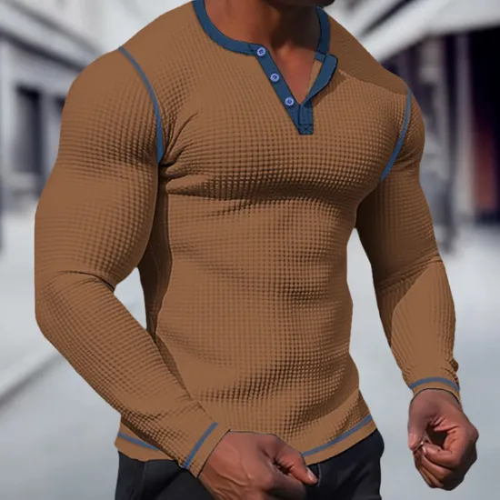 New OUKU Men's T shirt Tee Waffle Henley Shirt Henley Shirt Tee Top Long Sleeve Shirt Plain Raglan Sleeve Henley Street Vacation Long Sleeve Patchwork Clothing Apparel Polyester Fashion Designer Basic