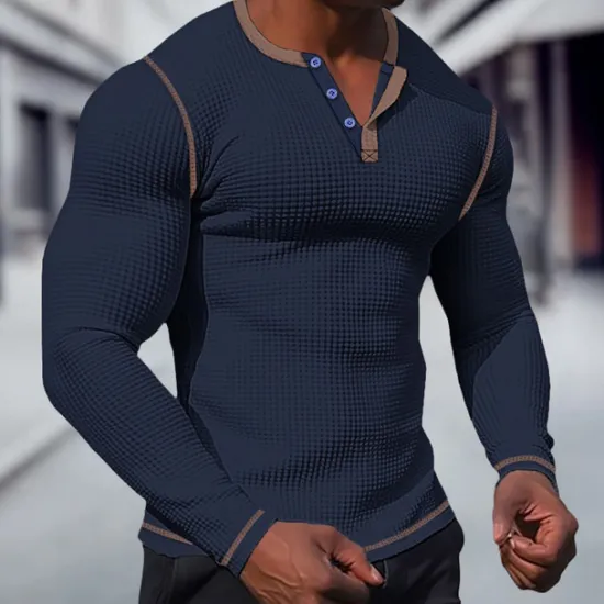 New OUKU Men's T shirt Tee Waffle Henley Shirt Henley Shirt Tee Top Long Sleeve Shirt Plain Raglan Sleeve Henley Street Vacation Long Sleeve Patchwork Clothing Apparel Polyester Fashion Designer Basic