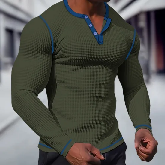 New OUKU Men's T shirt Tee Waffle Henley Shirt Henley Shirt Tee Top Long Sleeve Shirt Plain Raglan Sleeve Henley Street Vacation Long Sleeve Patchwork Clothing Apparel Polyester Fashion Designer Basic