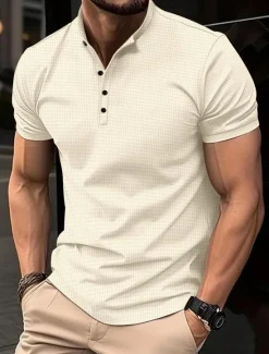 OUKU Men's T shirt Tee Waffle Polo Shirt Work Street Stand Collar Short Sleeves Solid Color Basic Summer Loose Fit Black Red Dark Navy khaki Army Green T shirt Tee