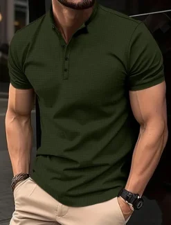 OUKU Men's T shirt Tee Waffle Polo Shirt Work Street Stand Collar Short Sleeves Solid Color Basic Summer Loose Fit Black Red Dark Navy khaki Army Green T shirt Tee