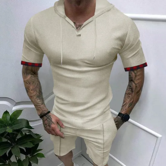 OUKU Men's T Shirt T-shirt Suits Tee Tee Top Short Sleeve Hooded Spring & Summer Plain Fashion Designer Basic 2 Piece Vacation Street Going out Black White Royal Blue Top Tee for Men