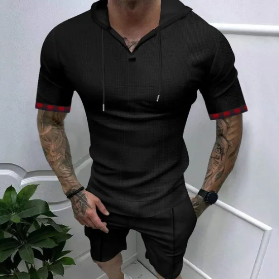 OUKU Men's T Shirt T-shirt Suits Tee Tee Top Short Sleeve Hooded Spring & Summer Plain Fashion Designer Basic 2 Piece Vacation Street Going out Black White Royal Blue Top Tee for Men