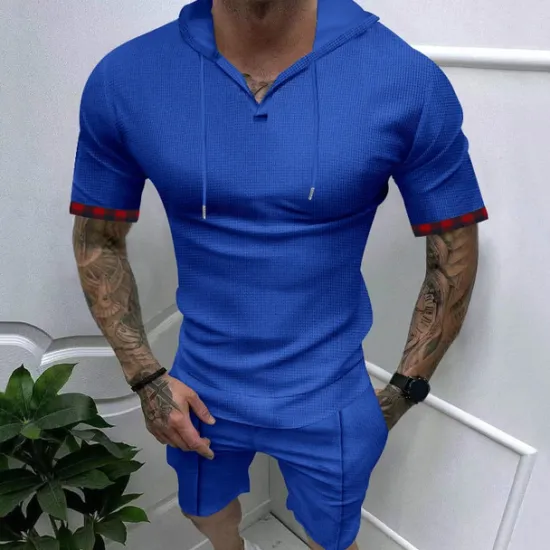 OUKU Men's T Shirt T-shirt Suits Tee Tee Top Short Sleeve Hooded Spring & Summer Plain Fashion Designer Basic 2 Piece Vacation Street Going out Black White Royal Blue Top Tee for Men