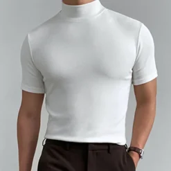 OUKU Men's T Shirt Turtleneck shirt Short Sleeve Stand Collar Summer Spring Plain Fashion Casual Comfortable Vacation Street Holiday Black White Red Top Tee for Men