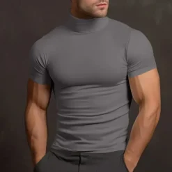 Hot OUKU Men's T Shirt Turtleneck shirt Short Sleeve Turtleneck Summer Spring Plain Fashion Casual Comfortable Crewneck Vacation Street Holiday Dark Brown Dark Grey Black Top Tee for Men