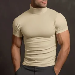 Hot OUKU Men's T Shirt Turtleneck shirt Short Sleeve Turtleneck Summer Spring Plain Fashion Casual Comfortable Crewneck Vacation Street Holiday Dark Brown Dark Grey Black Top Tee for Men