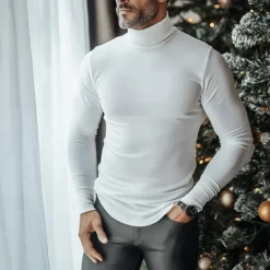 Sale OUKU Men's T Shirt Turtleneck shirt Long Sleeve Shirt Long Sleeve Stand Collar Fall & Winter Plain Lightweight Classic Casual Classic Outdoor Casual Sports Black White Gray Top Tee for Men