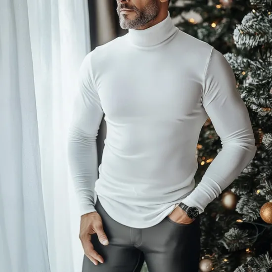 Sale OUKU Men's T Shirt Turtleneck shirt Long Sleeve Shirt Long Sleeve Stand Collar Fall & Winter Plain Lightweight Classic Casual Classic Outdoor Casual Sports Black White Gray Top Tee for Men