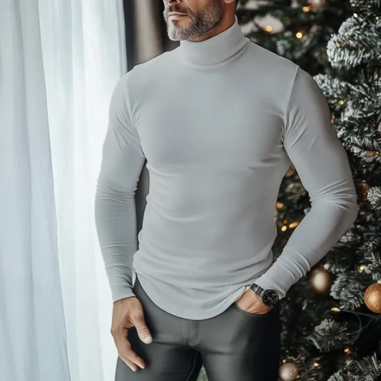 Sale OUKU Men's T Shirt Turtleneck shirt Long Sleeve Shirt Long Sleeve Stand Collar Fall & Winter Plain Lightweight Classic Casual Classic Outdoor Casual Sports Black White Gray Top Tee for Men