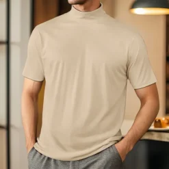 Discount OUKU Men's T Shirt Turtleneck shirt Short Sleeve Turtleneck Summer Spring Plain Fashion Casual Comfortable Soft Home Causal Weekend Black White Gray Top Tee for Men