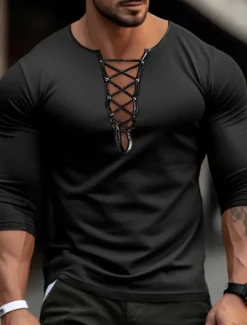 Online OUKU Men's T Shirt Velvet Tee Tee Top Long Sleeve Shirt Long Sleeve Collar Spring & Fall Plain Fashion Designer Basic Lace up Vacation Street Going out Black Blue Purple Top Tee for Men