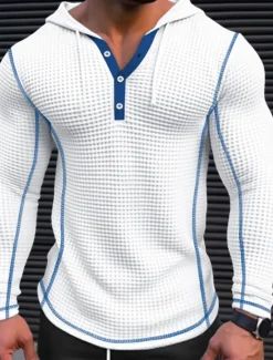 Hot OUKU Men's T Shirt Waffle Henley Shirt Henley Shirt Tee Top Long Sleeve Henley Spring & Fall Plain Fashion Designer Basic Patchwork Hooded Vacation Street Going out Black White Navy Blue Top Tee for Men