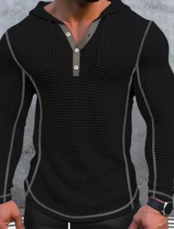 Hot OUKU Men's T Shirt Waffle Henley Shirt Henley Shirt Tee Top Long Sleeve Henley Spring & Fall Plain Fashion Designer Basic Patchwork Hooded Vacation Street Going out Black White Navy Blue Top Tee for Men