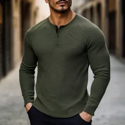 Clearance OUKU Men's T shirt Waffle Henley Shirt Henley Shirt Tee Top Long Sleeve Shirt Plain Henley Street Vacation Long Sleeve Knitting Clothing Apparel Fashion Designer Basic