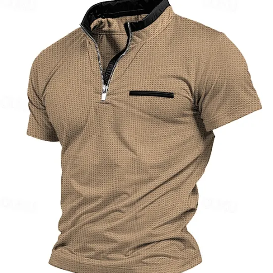Best OUKU Men's T Shirt Waffle Knit Tee Quarter Zip Tee Tee Top Short Sleeves Quarter Zip Summer Patchwork Fashion Designer Basic Vacation Street Going out Navy Blue Khaki Light Grey Top Tee for Men