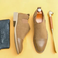 Outlet OUKU Men's Tan Chelsea Boots with Faux Leather and Suede Upper – Slip-On Elastic Design, Casual and Comfortable for Daily Wear or Semi-Formal Occasions