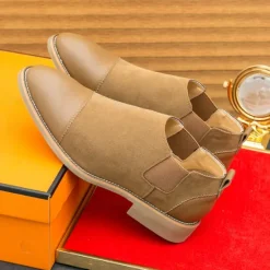 Outlet OUKU Men's Tan Chelsea Boots with Faux Leather and Suede Upper – Slip-On Elastic Design, Casual and Comfortable for Daily Wear or Semi-Formal Occasions