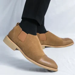 Outlet OUKU Men's Tan Chelsea Boots with Faux Leather and Suede Upper – Slip-On Elastic Design, Casual and Comfortable for Daily Wear or Semi-Formal Occasions