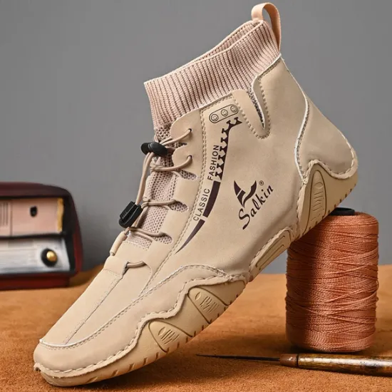 Outlet OUKU Men's Tan Faux Leather Casual Ankle Boots with Hand-Stitched Detailing, Knit Sock Upper, and Adjustable Toggle Laces – Comfortable and Rugged Design for Outdoor and Everyday Wear