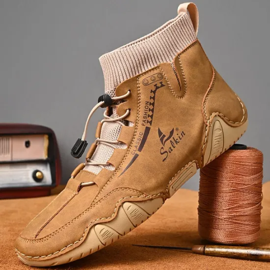 Outlet OUKU Men's Tan Faux Leather Casual Ankle Boots with Hand-Stitched Detailing, Knit Sock Upper, and Adjustable Toggle Laces – Comfortable and Rugged Design for Outdoor and Everyday Wear