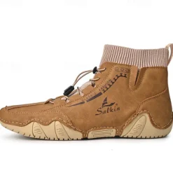 Outlet OUKU Men's Tan Faux Leather Casual Ankle Boots with Hand-Stitched Detailing, Knit Sock Upper, and Adjustable Toggle Laces – Comfortable and Rugged Design for Outdoor and Everyday Wear