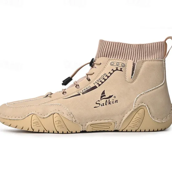 Outlet OUKU Men's Tan Faux Leather Casual Ankle Boots with Hand-Stitched Detailing, Knit Sock Upper, and Adjustable Toggle Laces – Comfortable and Rugged Design for Outdoor and Everyday Wear