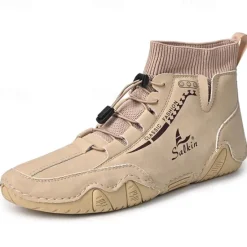 Outlet OUKU Men's Tan Faux Leather Casual Ankle Boots with Hand-Stitched Detailing, Knit Sock Upper, and Adjustable Toggle Laces – Comfortable and Rugged Design for Outdoor and Everyday Wear