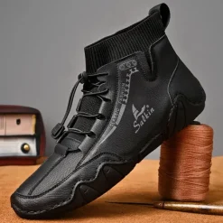 Outlet OUKU Men's Tan Faux Leather Casual Ankle Boots with Hand-Stitched Detailing, Knit Sock Upper, and Adjustable Toggle Laces – Comfortable and Rugged Design for Outdoor and Everyday Wear