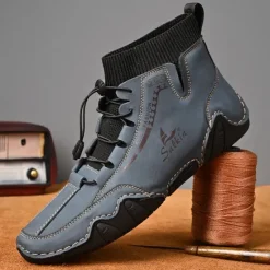 Outlet OUKU Men's Tan Faux Leather Casual Ankle Boots with Hand-Stitched Detailing, Knit Sock Upper, and Adjustable Toggle Laces – Comfortable and Rugged Design for Outdoor and Everyday Wear