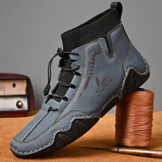 Outlet OUKU Men's Tan Faux Leather Casual Ankle Boots with Hand-Stitched Detailing, Knit Sock Upper, and Adjustable Toggle Laces – Comfortable and Rugged Design for Outdoor and Everyday Wear