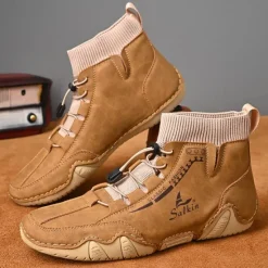Outlet OUKU Men's Tan Faux Leather Casual Ankle Boots with Hand-Stitched Detailing, Knit Sock Upper, and Adjustable Toggle Laces – Comfortable and Rugged Design for Outdoor and Everyday Wear