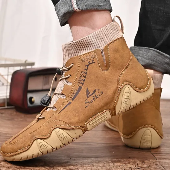 Outlet OUKU Men's Tan Faux Leather Casual Ankle Boots with Hand-Stitched Detailing, Knit Sock Upper, and Adjustable Toggle Laces – Comfortable and Rugged Design for Outdoor and Everyday Wear