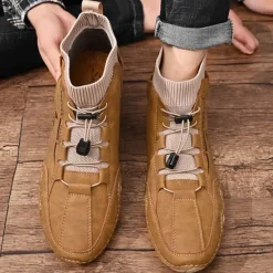 Outlet OUKU Men's Tan Faux Leather Casual Ankle Boots with Hand-Stitched Detailing, Knit Sock Upper, and Adjustable Toggle Laces – Comfortable and Rugged Design for Outdoor and Everyday Wear