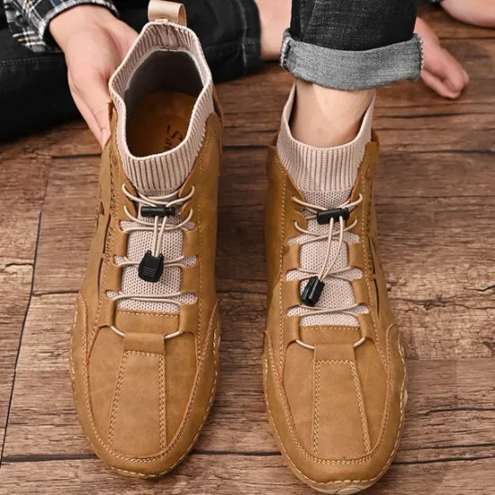 Outlet OUKU Men's Tan Faux Leather Casual Ankle Boots with Hand-Stitched Detailing, Knit Sock Upper, and Adjustable Toggle Laces – Comfortable and Rugged Design for Outdoor and Everyday Wear